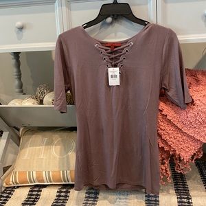 Buckle womens tshirt with tie cross V-neck